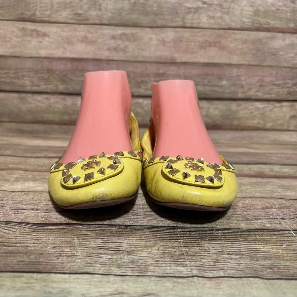 Tory Burch Yellow Leather Studded Round Toe Flats
